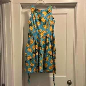 Lady Vintage Banana Print Strapless Blue Women’s Sleeveless Dress - Size Medium